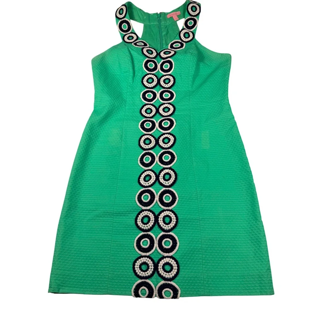 Lilly Pulitzer Trudy Shift Dress 4 Go Go Green Cotton Crochet Circle Trim - Picture 1 of 12